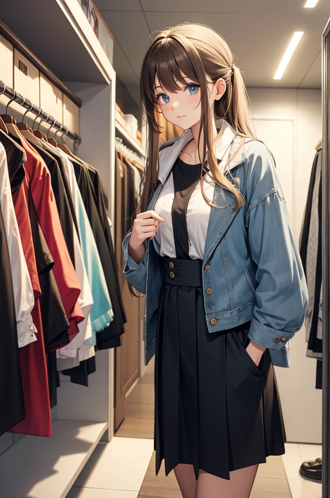 ((Highest quality)),(超High resolution),(Very detailed),(Detailed Description),((The best CG)),(masterpiece),Ultra-detailed art、(Highest quality、8k、32K、masterpiece)、(Realistic)、(Realistic:1.2)、(High resolution)、Very detailed、Very beautiful face and eyes、1 female、((Woman working at a department store:1.3))、Tight waist、Delicate body、(Highest quality、Attention to detail、Rich skin detail)、(Highest quality、8k、Oil paints:1.2)、Very detailed、(Realistic、Realistic:1.37)、Bright colors、"((Fitted burgundy jacket。Jacket has metallic buttons、Elegant details on the cuffs and collar、Below is the、White blouse。A knee-length tight skirt to match the jacket、Black low heel pumps))。(She wears a simple yet elegant metallic buckle belt.、Silk scarves that match the colors of department stores、Accessorize with understated jewelry and a watch)。((The background is a bright and sophisticated department store environment.、Surrounded by luxury merchandise and digital displays))。"