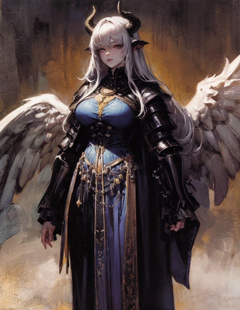 (best lighting) (best quality, masterpiece:1.2), (absurdres), 4k, (detailed eyes), (detailed face), a woman wearing medieval armour and latex bodysuit with long silver hair and standing in front of a towering gothic castle, illuminated by a large moon over head, curvy, white wings and long horns, dark, moody, ((gothic)), ((dark fantasy)), medieval