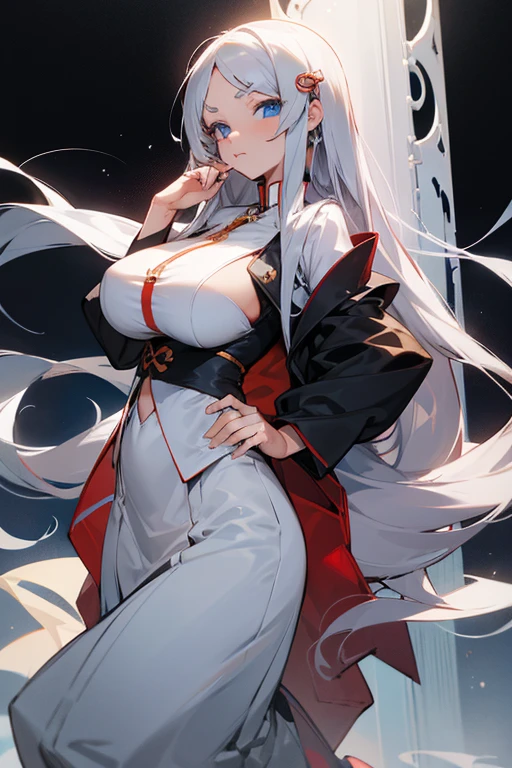 1 young girl、Messy straight hair、Transparent pure white hair、Crimson eyes that shine like rubies、A white high-neck knit that covers the entire body, larger than a girl's、Wearing a light brown coat、Very plump and very large breasts、Beautiful slim legs、A very cute little girl who is scared、Snowy London cityscape at night、pale🌙、Very cute little girl、Knitwear that covers the thighs、 、A young girl with a slim body