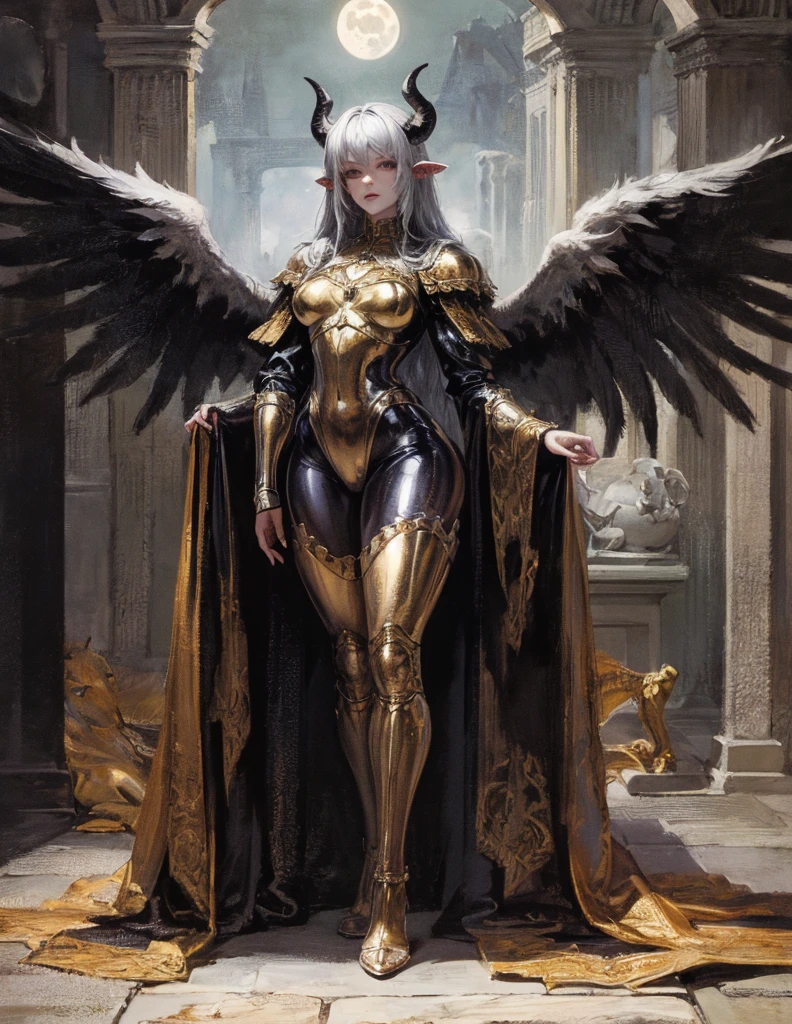 (best lighting) (best quality, masterpiece:1.2), (absurdres), 4k, (detailed eyes), (detailed face), a woman wearing medieval armour and latex bodysuit with long silver hair and standing in front of a towering gothic castle, illuminated by a large moon over head, curvy, white wings and long horns, dark, moody, ((gothic)), ((dark fantasy)), medieval