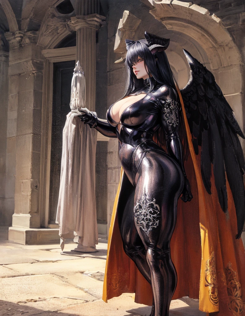 1 mature woman,(Detailed Description,Incredibly absurd,High resolution,8k wallpaper,masterpiece,Highest quality,Depth of region,Anatomically accurate depiction,Eye for detail,Perfect body,Two lovely hands, Five perfect fingers),(Glowing Skin,Shiny skin,Oilskin),((Black-winged fallen angel)),(Angel Halo,Female monk's clothing,A luxurious necklace,Thigh-high boots,garter belt,Fishnet tights),eyelash,(Purple eyes,Eyes of Madness,There is cleavage in the chest,Part your lips,lipstick,Inviting gesture),Sweat,(whole body),background:A peaceful heaven,Purple air,(From above:1.1)