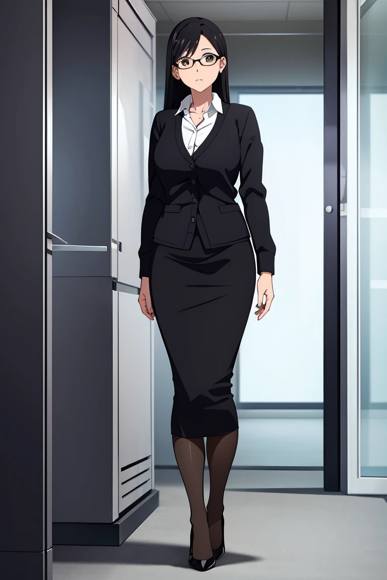 A woman with long black hair, wearing a business outfit consisting of a suit, pencil skirt, and pantyhose, stands in a monochrome setting. The artwork is inspired by manga and incorporates a doujin style. The woman appears to be (wetting herself:1.5), which causes her to feel embarrassed and humiliated, resulting in a blush on her face. In addition, there is an air of anger in her expression. The lighting in the scene is moody, with a spotlight highlighting the woman's figure. Full body, high heels, (standing:1.5), (hands on hips:1.5)