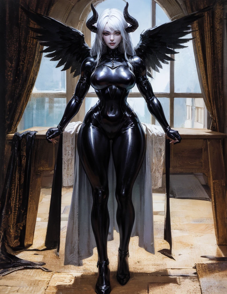 (best lighting) (best quality, masterpiece:1.2), (absurdres), 4k, (detailed eyes), (detailed face), a woman wearing medieval armour and latex bodysuit with long silver hair and standing in front of a towering gothic castle, illuminated by a large moon over head, curvy, white wings and long horns, dark, moody, ((gothic)), ((dark fantasy)), medieval