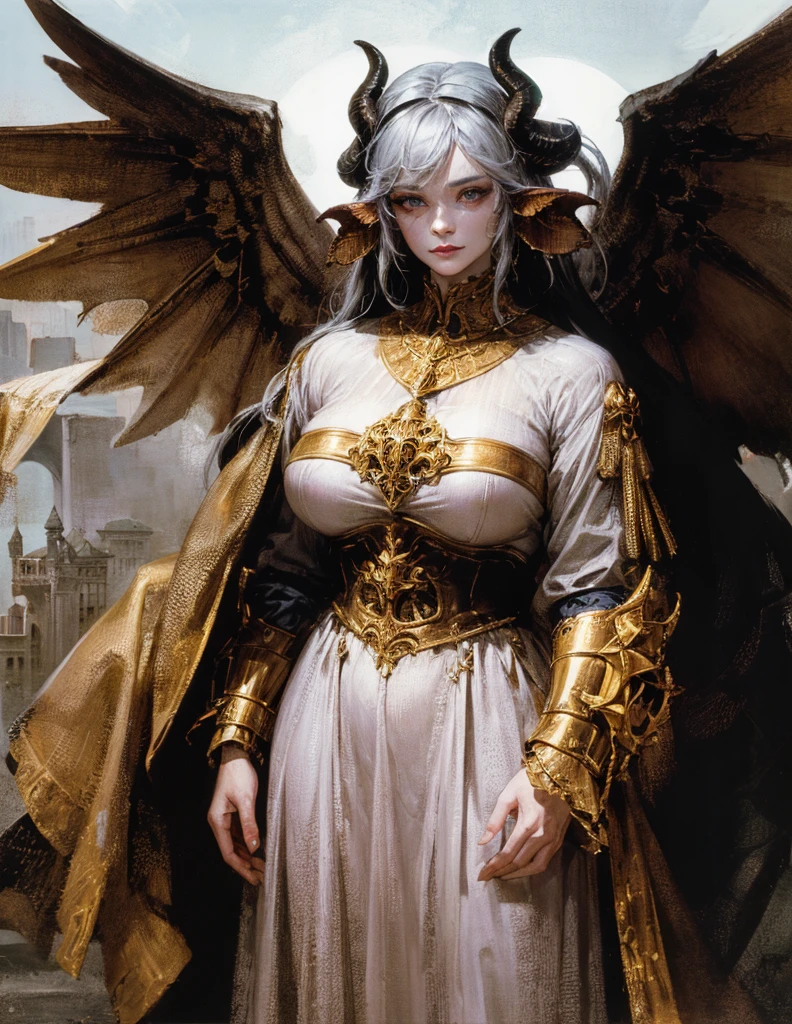 (best lighting) (best quality, masterpiece:1.2), (absurdres), 4k, (detailed eyes), (detailed face), a woman wearing medieval armour and latex bodysuit with long silver hair and standing in front of a towering gothic castle, illuminated by a large moon over head, curvy, white wings and long horns, dark, moody, ((gothic)), ((dark fantasy)), medieval