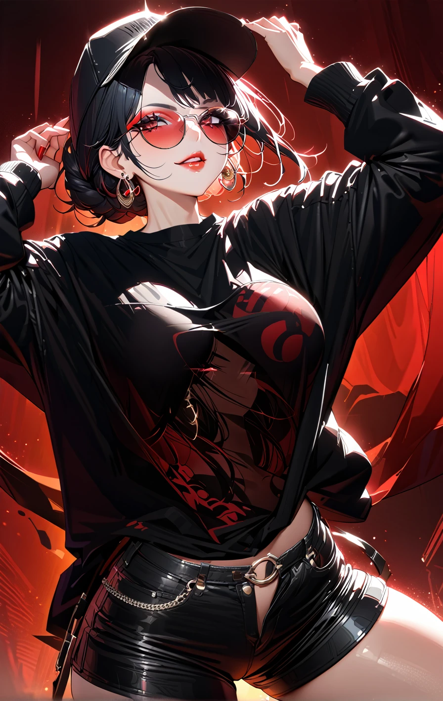 ((ultra detailed, 8k, high res, masterpiece)), (Highly detailed face), ((detailed look:1.8)), (A detailed face, edgy), Teenage girl, One woman, full body, beautiful woman,  (fair skin, full makeup, False eyelashes), black hair, braid hair, seductive smile, evil grin, ((sunglasses, hat, earrings)), (Very large breasts), (Oversized T-shirt, short pants, boots), Bright red lipstick, Emphasize cleavage:1.3, cowboy shot, high angle:1.5, looking up, seductive pose