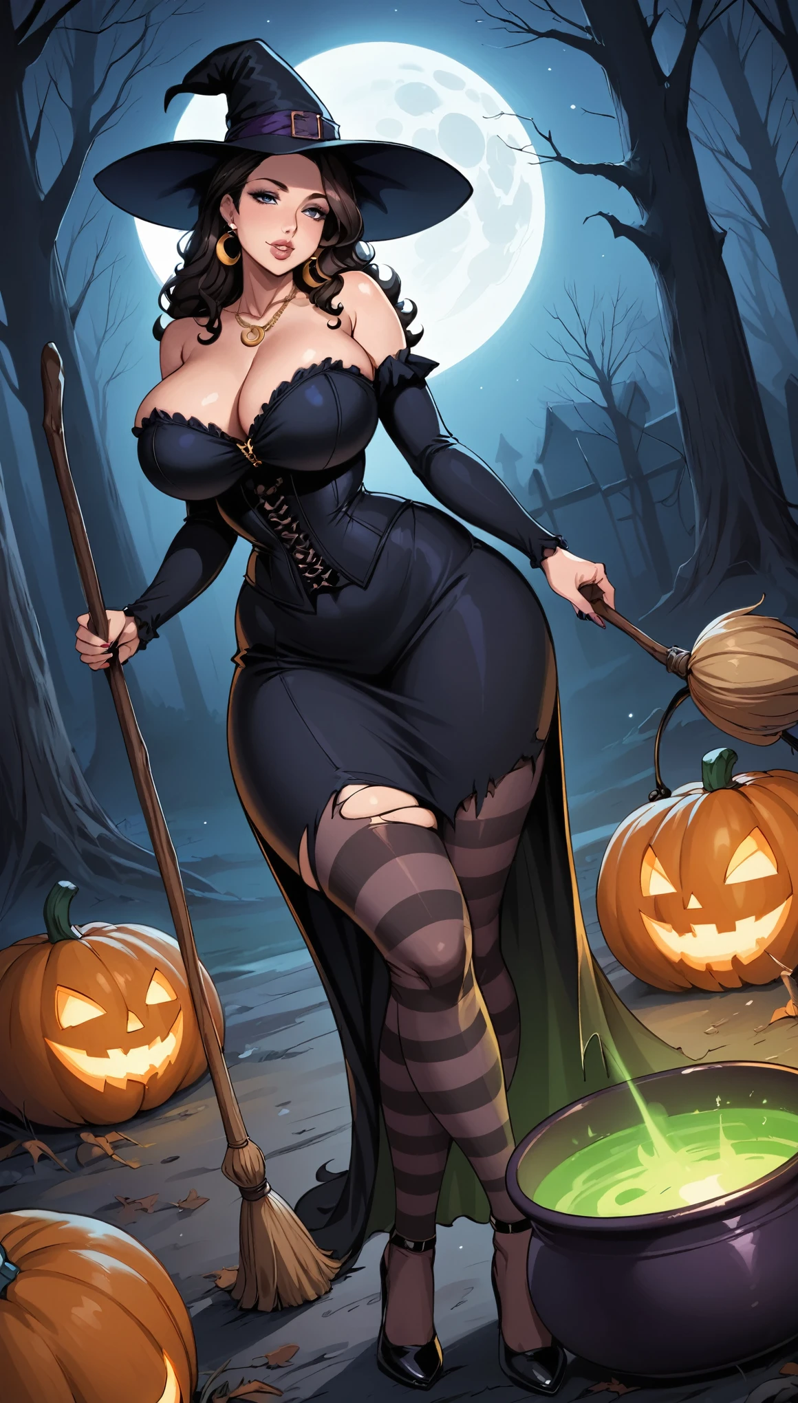 mature female, mom, milf, long hair, curly hair, big hair, ((thick lips)), (puffy lips), seductive smile, parted lips, makeup, tall, wide waist, ((wide hips)), (((thick thighs))), big ass, (huge breasts) , cleavage, tall, oily breasts, witch hat, corset, ripped dress, ripped stockings, striped stockings, detached sleeves, long sleeves, bare shoulders,(big earrings), necklace, indoors, forest, graveyard, night, crescent moon, moody lighting, ((sexy pose)), hip and thigh focus, realistic lighting, head tilt, painted nails, dutch angle, high heels, anklets, [[broom stick]], (big cauldron), pumpkins, bats,