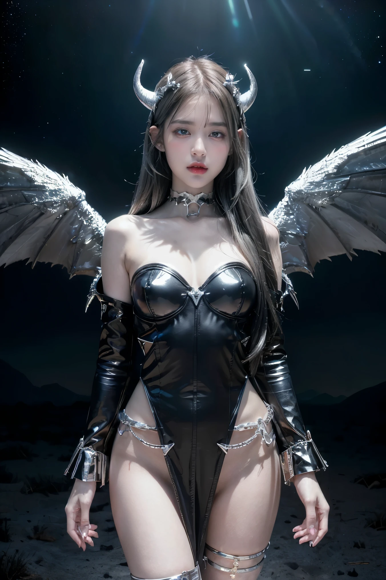 ((masterpiece, best quality, extremely detailed), volumetric lighting, ambient occlusion, colorful, glowing), 1girl, solo, young girl, (dark hair), long hair, horns, aura, devilish, goddess, cleric suit, (black outfit with silver detailst:1.3), devil wings, outdoors, sunset, sky, clouds, space, (fantasy theme:1.2),