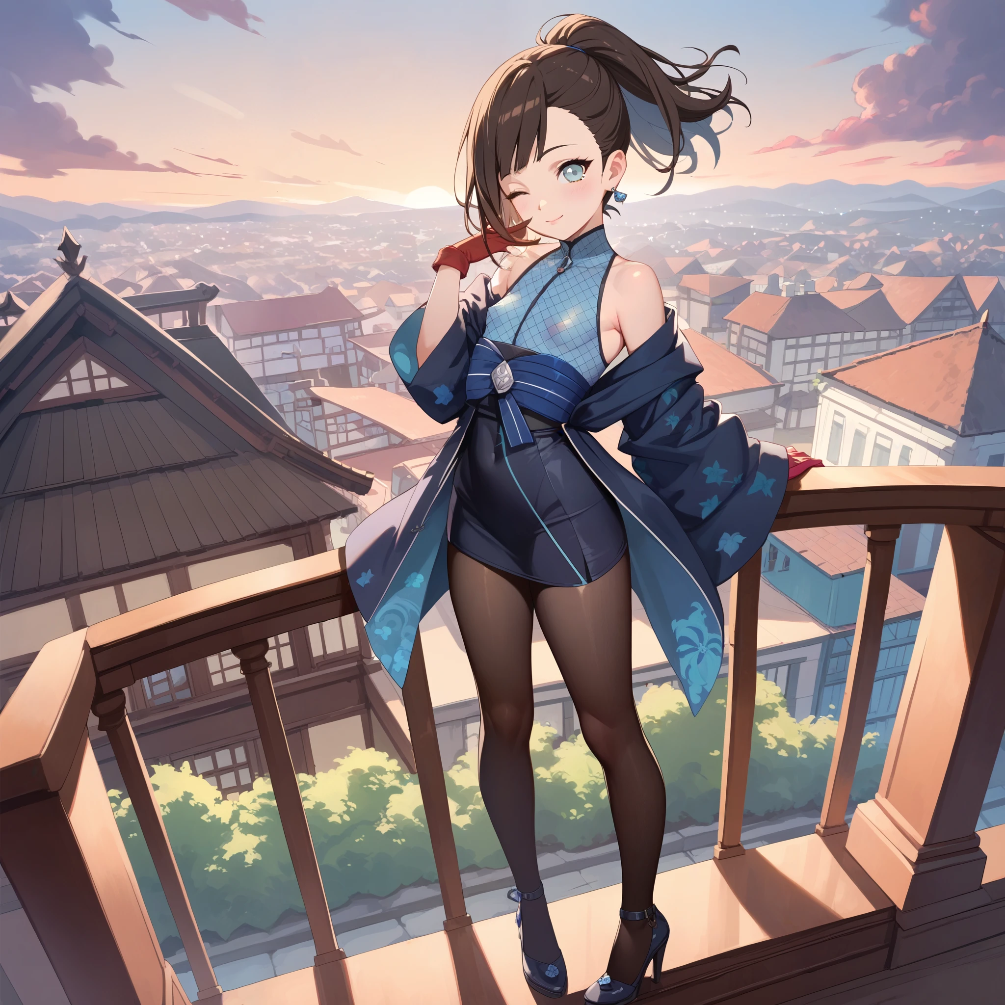 ((((small breast)))), (one girl one man), cute lori, standing above the roof on midnight, moonlit background, above temples ,small chest, beautiful cyan eyes, dark brown hair, ponytail, (((tight dark colored kimono with dark blue lily pattern obi ))), ((fishnet arm sleeve)), ((gloves)), ((bringing katana on her back)), (((japanese mask on top of the head))), full body view, high definition, masterpiece, Short haired teen girl, dark brown hair, ((ponytail hair)), beautiful cyan eyes, (cute wink), ((naruto hand sign)), wearing a cute necklace, ((((black waist-high pantyhose)))), undress