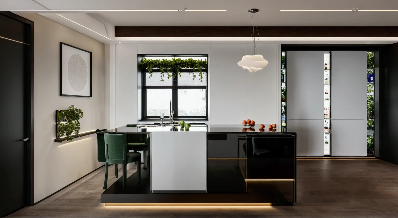 Create a high-quality, elegant kitchen design with custom-made glass cabinets with LED lighting in the cabinets with pendant lights that incorporate green potted plants