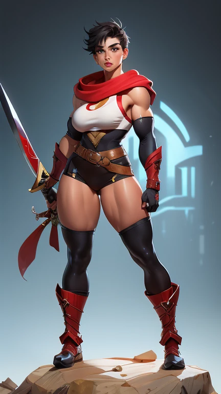 (masterpiece), best quality, expressive eyes, perfect face(masterpiece), best quality, expressive eyes, perfect face, Female Warrior, short black hair, scar on the left eye, tanned skin, red lips, amber eyes, Muscular, wide hips, big breasts, holding a sword, red cape torn shoulder, Arm sleeves, belt on the legs, steel plate boots, steel plate gloves, Collisions, pectoral, pussy plate, body scars, Standing, big sword on the back, arm armor, leg armor, Seminu, ShirtleSS,