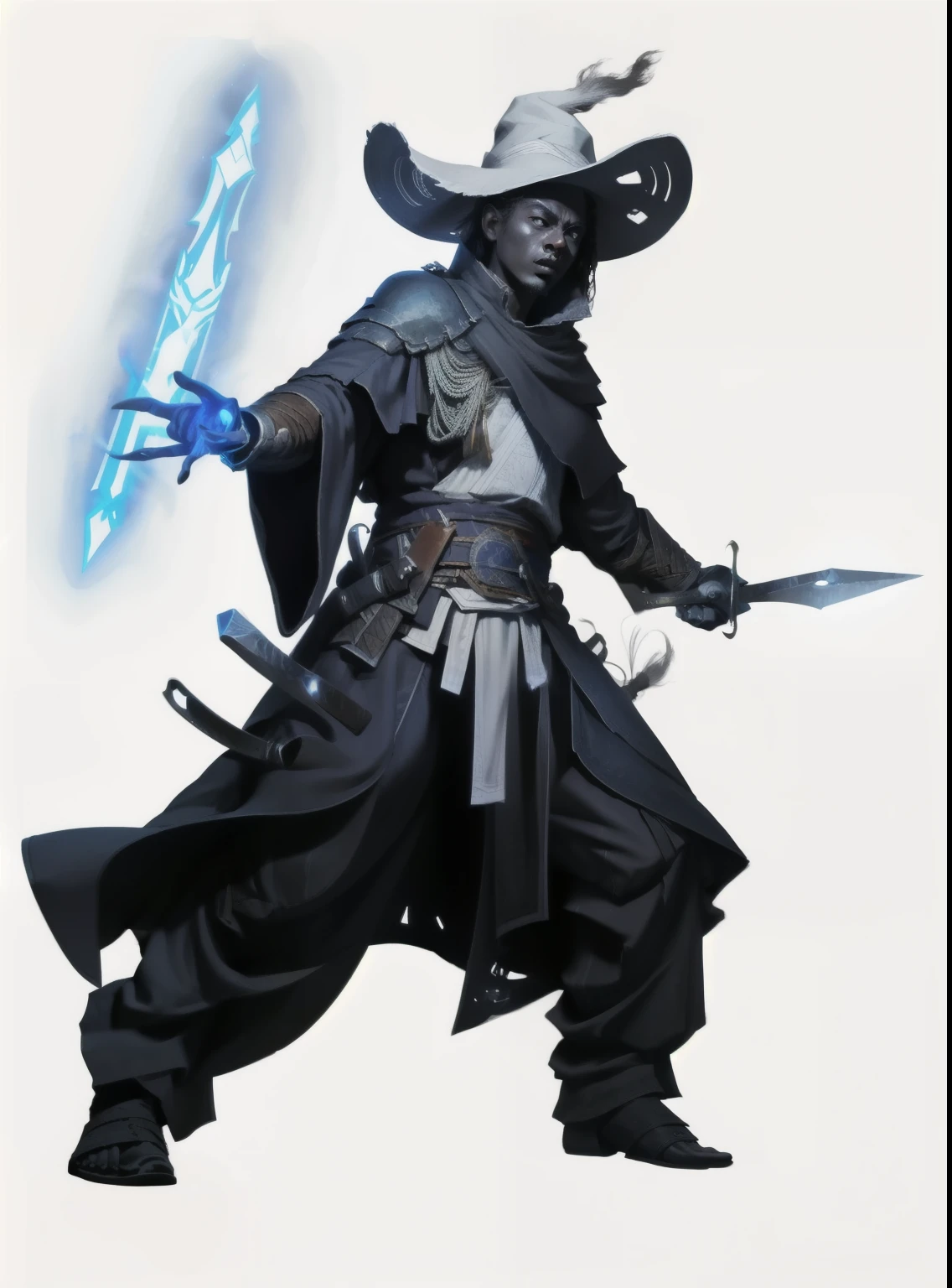 I want a character with a white background, png, full body image, a wizard, with big hat, with sword in hand, ancient sword and an honorable aggressive stance. just the silhouette, total black.
