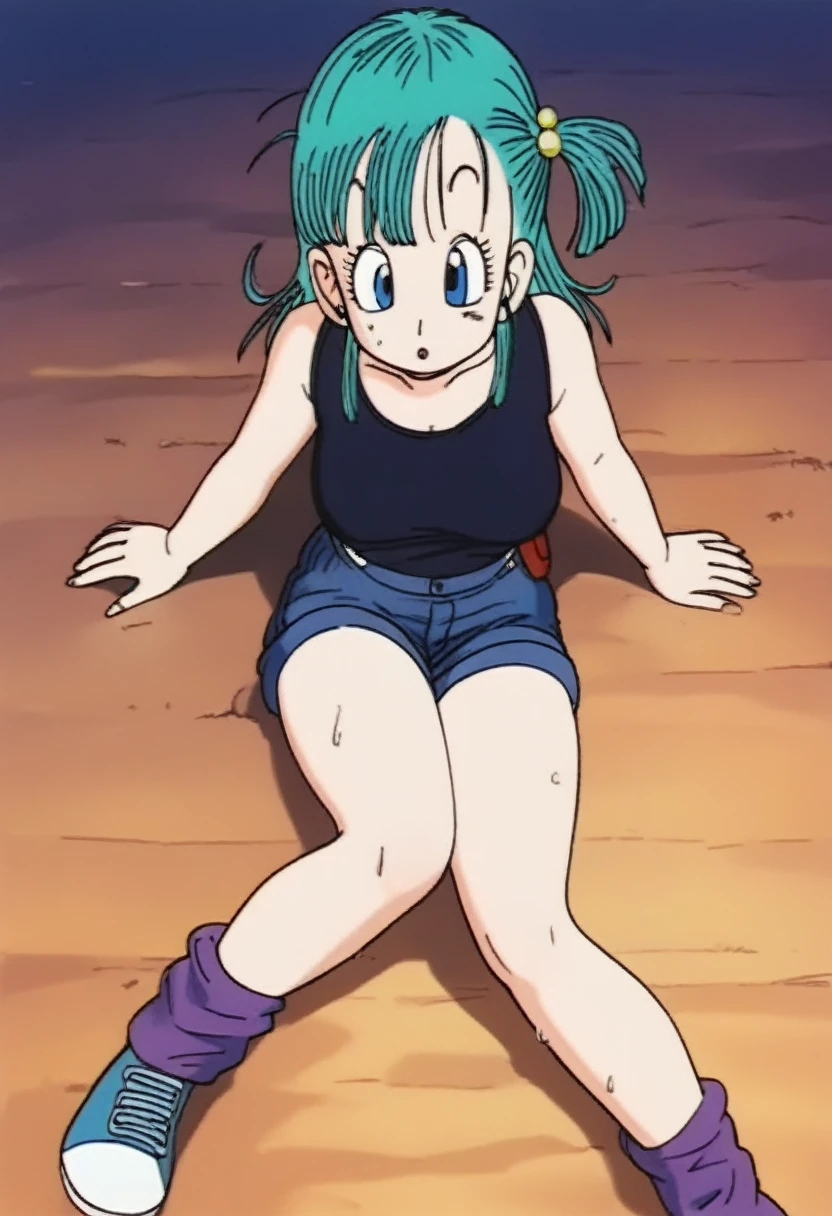 Bulma without clothes , naked, nude , very dirty namek saga, 1 girl, Alone, old, front with legs open , super open pink vagina, crying with sadness because she is being raped , short hair, shackles, , carita de rubor black shackles, aquamarine hair. with the anus open 
 