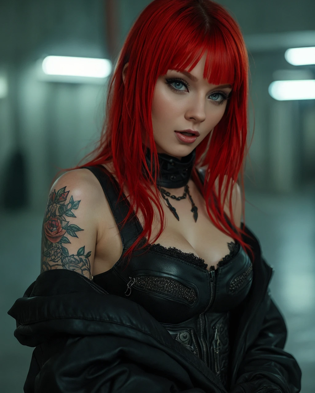 a sexy goth girl with red hair, topless, wearing a black leather jacket and shorts, boots, eyes closed, unconscious, leaning against a wall, lying on the ground, detailed, hyper realistic, 8k, photorealistic, masterpiece, cinematic lighting, dark moody atmosphere