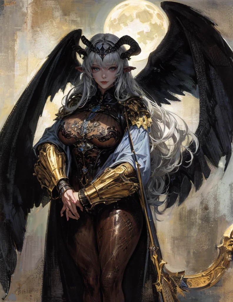 (best lighting) (best quality, masterpiece:1.2), (absurdres), 4k, (detailed eyes), (detailed face), a woman wearing medieval armour and latex bodysuit with long silver hair and standing in front of a towering gothic castle, illuminated by a large moon over head, curvy, white wings and long horns, dark, moody, ((gothic)), ((dark fantasy)), medieval