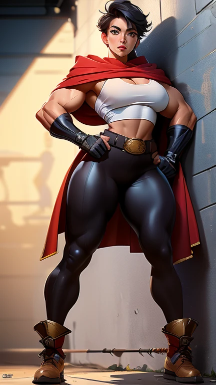 (masterpiece), best quality, expressive eyes, perfect face(masterpiece), best quality, expressive eyes, perfect face, Female Warrior, short black hair, scar on the left eye, tanned skin, red lips, amber eyes, Muscular, wide hips, big breasts, hands against the wall, red cape torn shoulder, Arm sleeves, belt on the legs, steel plate boots, steel plate gloves, Collisions, pectoral, pussy plate, body scars, Standing, big sword on the back, arm armor, leg armor, Seminu, ShirtleSS,