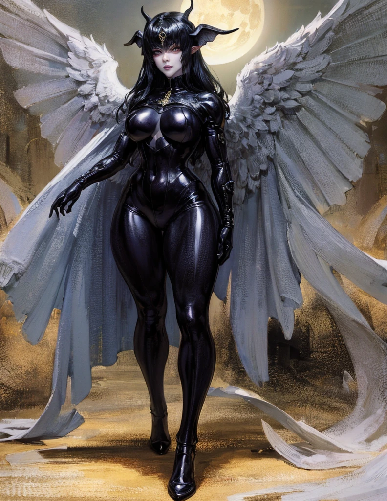 a picture of an mecha angel wearing black leather jacket, ((full body: 1.5)), exotic beautiful angel ((anatomically correct: 1.5), (ultra detailed face: 1.2), best detailed face, busty, folded wings, white angel wings, (white mecha armor: 1.3), she is wearing ((black leather jacket: 1.5)), intricate leather jacket, loose leather jacket, glam leather jacket, jacket has metallic studs, wearing silk dress, (dynamic color dress)), wearing thigh high heeled boots, cyberpunk church background, , vibrant, Hyperrealism style, vibrant, Ultra-high resolution, High Contrast, (masterpiece:1.5), highest quality, Best aesthetics), best details, best quality, highres, ultra wide angle, 16k, [ultra detailed], masterpiece, best quality, (extremely detailed) RAW, feathered wings, Hyperrealism style