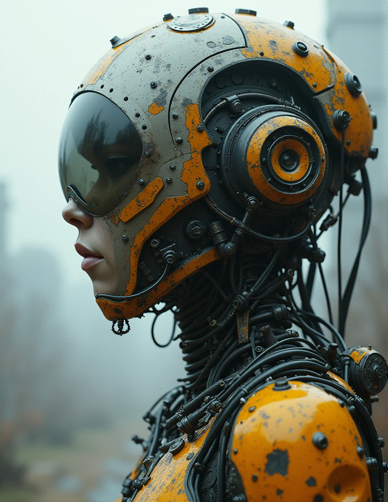 Top quality, masterpiece, cement building background, complex machine room interior background, pastel colors, (creature with magnifying glass as head:1.4) , (complex mechanical body:1.4) ,(fondo ciudad destroyed apocalypse Tokio cyberpunk :1.4), science fiction, detailed science, life science, pastel colors, wearing complex and delicate clothes, detailed image texture, bizarre, horror, creepy atmosphere (not AI image), cloudy weather, pastel colors, foggy, low saturation image, high quality, (RAW photo, best quality), (realistic, photorealistic: 1.4), (extremely delicate and beautiful: 1.4), amazing, fine details, masterpiece, ultra detailed, high resolution, best illustration, best shadow, intricate, ( extremely intricate: 1.2), (exquisitely detailed skin), cinematic light, perfect anatomy, (cool color: 1.4), sharp focus, 8k UHD, DSLR, (Fujifilm XT3),Mechanical vertebrae attached to the back, mechanical cervical attachment to the neck, alambres y cables que se conectan a la cabeza, Evangelion, small bright LED lamps, (pose americano :1.4), (iluminación cinematográfica :1.4), (cyborg colored glass blue +orange mecánica transparent :1.4), Epic Fantasy Art Style HD, 4K fantasy art, epic fantasy digital art style, epic fantasy art style, Fantasy Woman, epic fantasy art portrait, Epic fantasy style, hyperrealistic fantasy art, hd fantasy art, Epic fantasy character art, epic fantasy art, in style of dark fantasy art, epic fantasy digital art