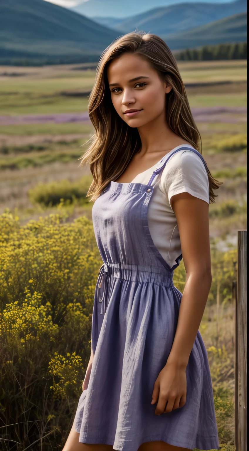 Aaricia Lemaire standing in a beautiful town in the Camargues region seductive, a Belgian 22 years old beautiful actress, dark brown hair, meium long, blue eyes, light freckles on face, slim body, very small breasts , wearing a beautiful summer dress, floral pattern, cowboy shot, ultra high res.photorealistic:1.4, UHD, beautiful city of Saint Laurent d'Aigouze in the background