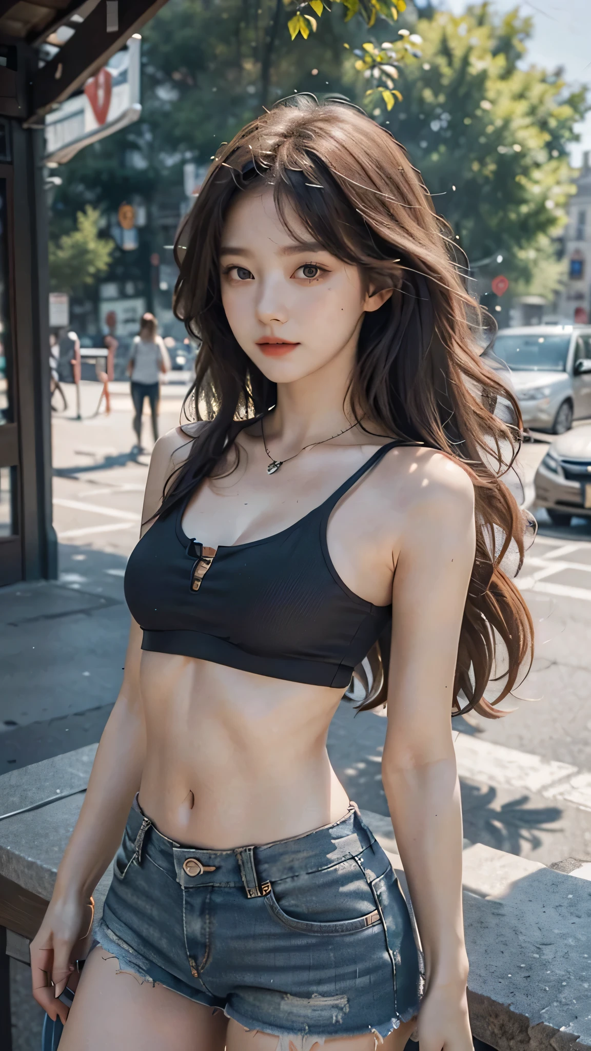 ((medium chest, long hair, small head)), daylight, sunlight, (well-defined abs: 1.1), (perfect body: 1.1), (short wavy hair: 1.2), russet hair, collar, chain, full body photo, shabby street, wearing a black tank top, denim jacket, ((shorts)), (extremely detailed CG 8k wallpaper), (extremely delicate and beautiful), (masterpiece), (Best Quality: 1.0), (Ultra Resolution: 1.0), Beautiful Lighting, Perfect Lightning, Realistic Shadows, [High Resolution], Detailed Skins, Ultra Detailed, upper body , healthy woman with wide body, slightly revealing her body curve, 