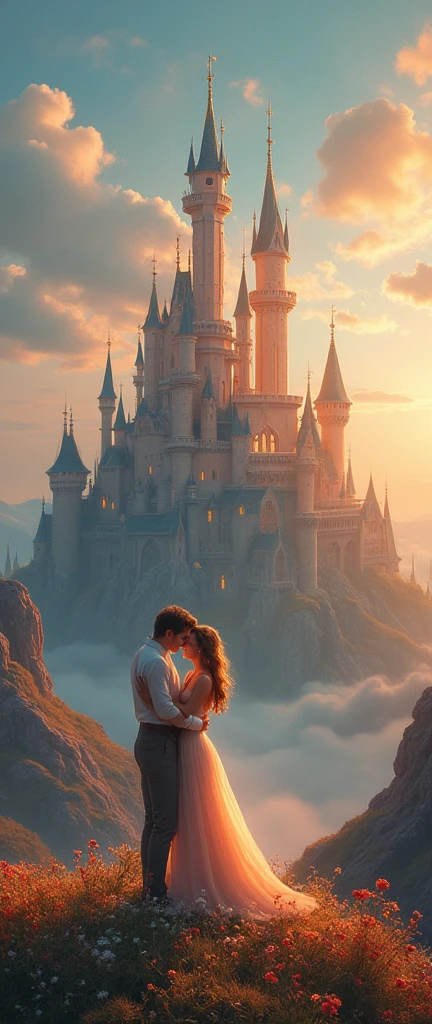 A scene showing Snow White and the prince standing in a radiant light, while in the background, the evil queen is engulfed in shadows. The contrast between light and dark emphasizes the story's deeper, darker themes