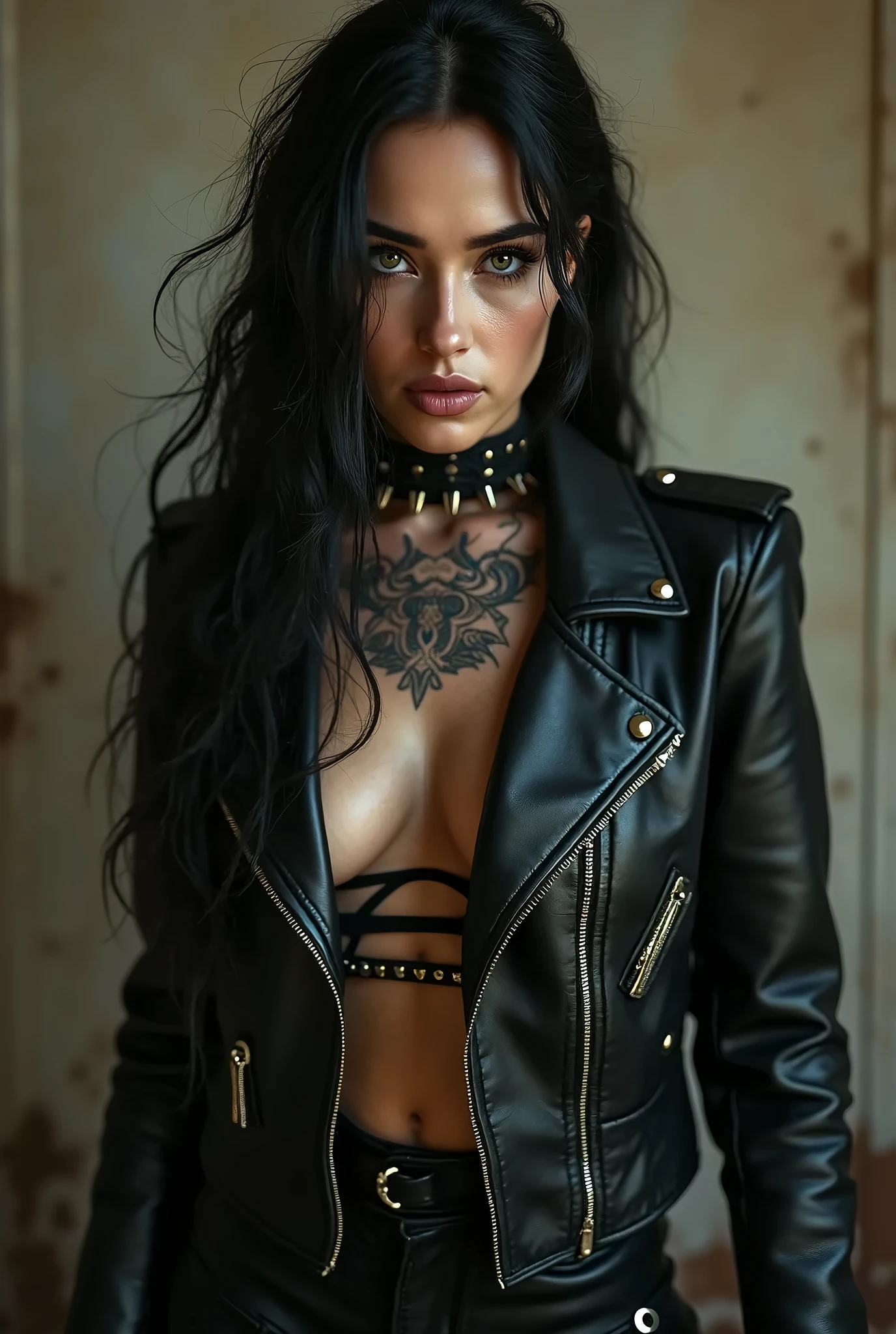 (ultra realistic) Waist length portrait, Sharp images, clear photo, hyper-detailed, photorealistic texture shot, 8K HD, 20 years old woman, she has very black wavy hair, she has breast size 1.3, she is dressed in metalhead style clothes (black jacket with studs, thin blue t-shirt, black pants with chains), very realistic and hd details of the clothes, she has cross-shaped earrings, detailed and realistic skin, lips marked with red lipstick, flirtatious look, big light green eyes, bold black eye shadows, huge eyelashes, beautiful dark green eyes, she is smiling slightly in a mysterious way, beautiful teeth, hyperrealism, very elaborate skin, very detailed, realistic photo, 32k, uhd, hdr and detailed background, flash photography, taken on an old camera, polaroid, high quality, best quality:1.3), she is at the entrance of an elegant theater with red and gold details, very detailed and realistic background.