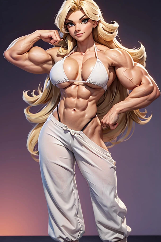 ((1girl)), fullbody view, flat graphic style, sketchy simplified picture, flat minimalistic style, 20 yo cute woman, extremely attractive, blonde curly hair, stylish tiny bikini top, long baggy trousers, perfect sixpack abs, strong well defined muscle, ultra massive female bodybuilder, perfect and flawless musculature, great muscle definition, lean slender