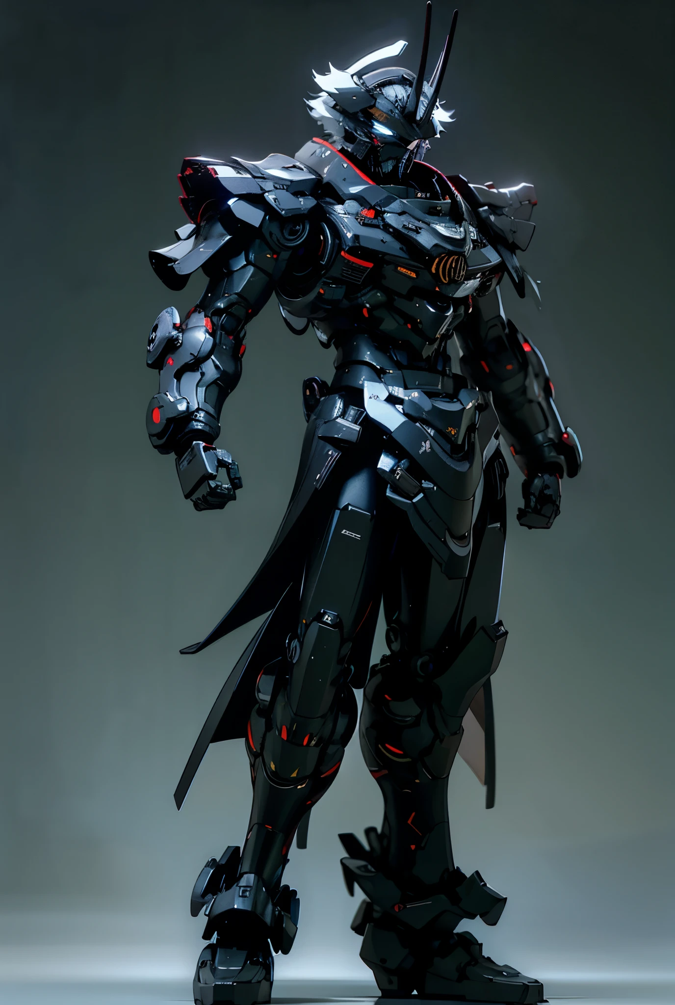 Futuristic pure black samurai, natural gray background, screen space reflection, full body 