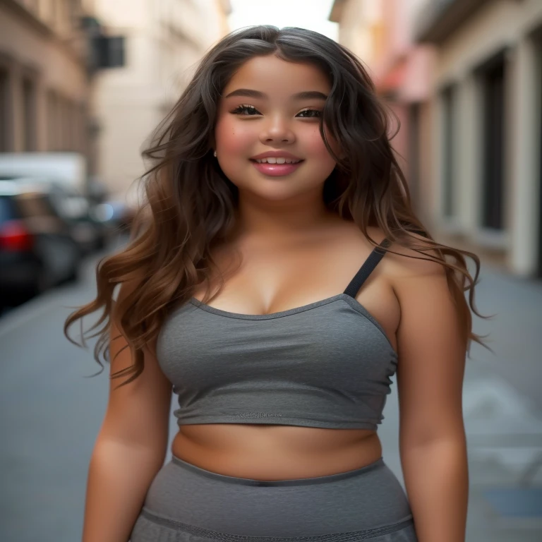 young chubby girl in a gray top and black shorts on a city street, gorgeous young model, beautiful young girl, flat chest, beautiful young woman, beautiful model girl, hot petite  adolescent, beautiful model girl, very beautiful model,  young and cute, cute young woman, jovem adolescent,  adolescent, uma bela garota adolescent