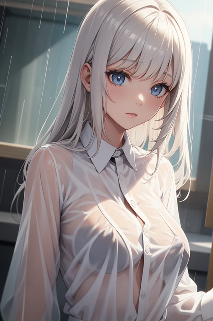 (extremely detailed CG unity 8k wallpaper), (masterpiece), (best quality), (ultra-detailed), (best illustration), (best shadow), ultra-high res, (photorealistic:1.4), 1girl at home, ((very oversize shirt, buttoned shirt, open shirt)), (man shirt), no bra, collarbone, (small breasts:1.2), small, looking at viewer, light smile, upper body, makeup,