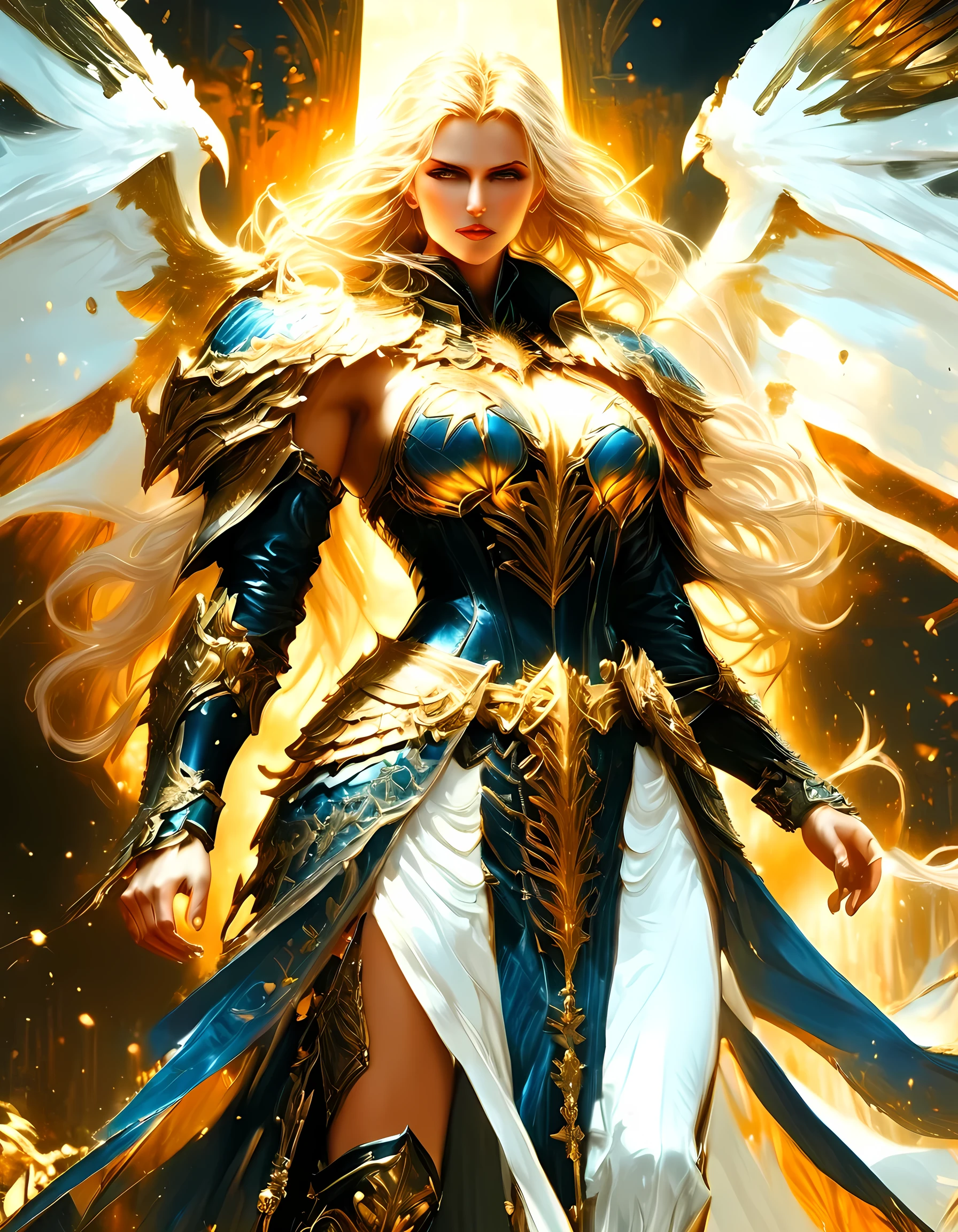 arafed, dnd art, female aasimar, (Masterpiece intense details), paladin, holy warrior, full body, large angelic wings, white angelic wings spread (Masterpiece intense details), fantasy temple background,  16k, ultra detailed, masterpiece, best quality, (extremely detailed),  panoramic view,  moon light, moon, stars, clouds, wearing white armor (Masterpiece, intense details: 1.3), wearing high heeled boots, shining holy symbol, armed with radiant sword, blond hair, ultra feminine, best detailed face, (Masterpiece  best quality: 1.3), anatomically correct (Masterpiece , intense details: 1.5), determined face, god rays, cinematic lighting, glowing light, silhouette, from outside, photorealism, panoramic view (Masterpiece 1.3, intense details) , Wide-Angle, 16k, highres, best quality, high details, drkfntasy