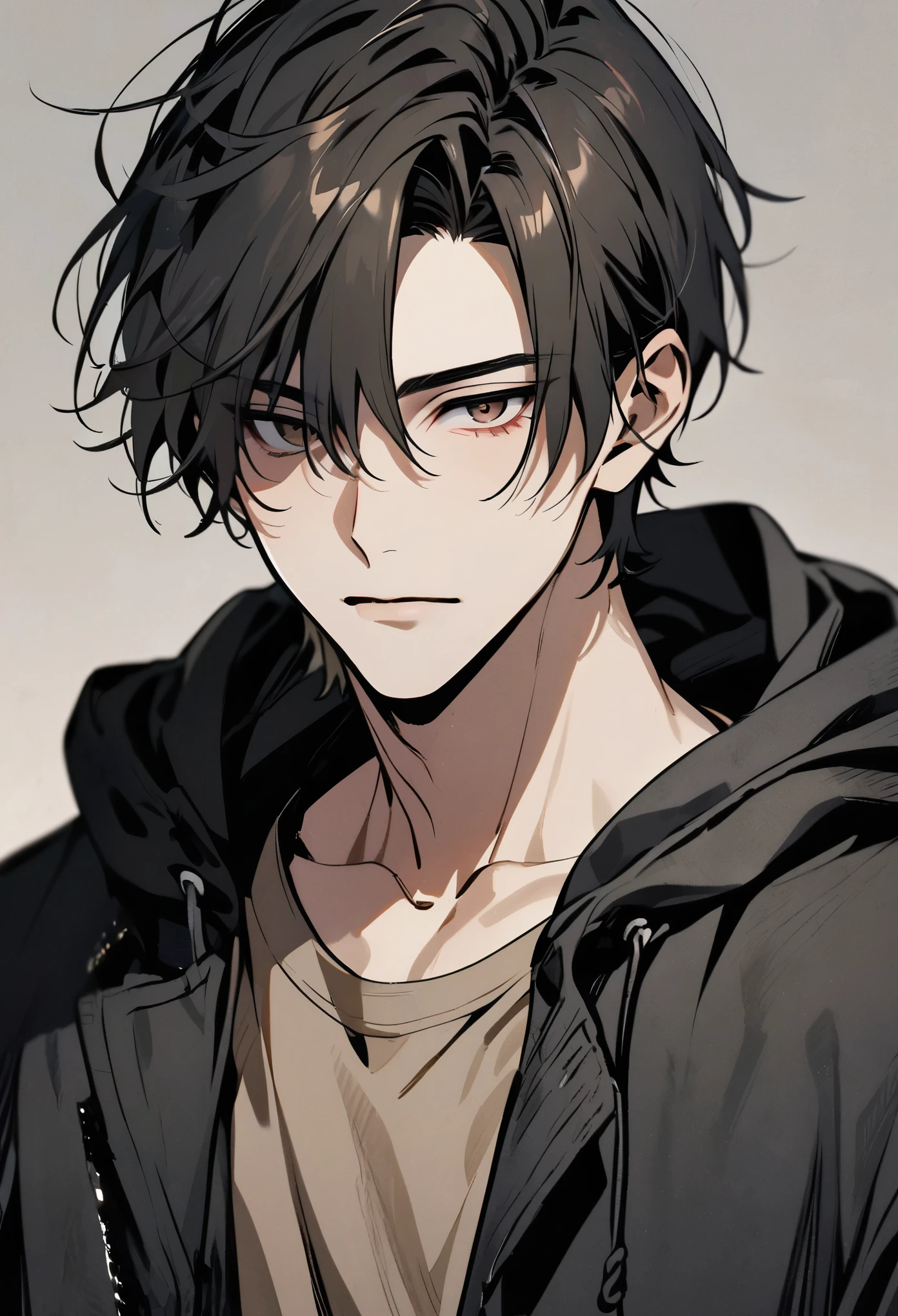 solo, handsome, 1 male, short hair, dark gray hair, brown eyes, light brown shirt, black hood