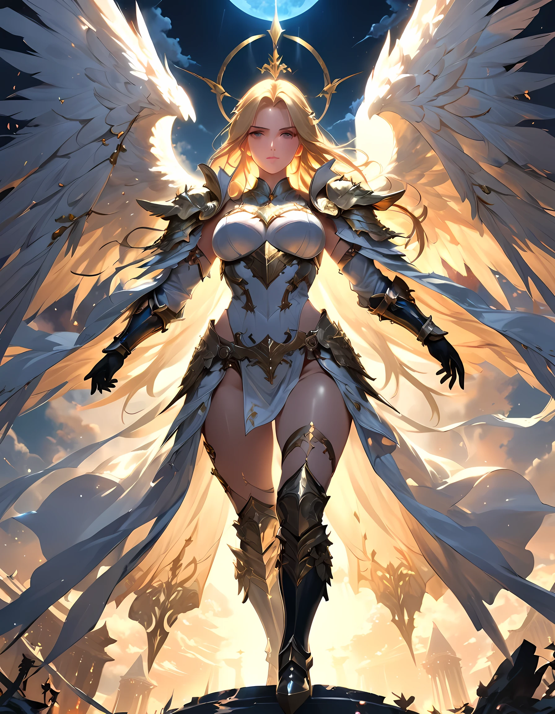 arafed, dnd art, female aasimar, (Masterpiece intense details), paladin, holy warrior, full body, large angelic wings, white angelic wings spread (Masterpiece intense details), fantasy temple background, 16k, ultra detailed, masterpiece, best quality, (extremely detailed), panoramic view, moon light, moon, stars, clouds, wearing white armor (Masterpiece, intense details: 1.3), wearing high heeled boots, shining holy symbol, armed with radiant sword, blond hair, ultra feminine, best detailed face, (Masterpiece best quality: 1.3), anatomically correct (Masterpiece , intense details: 1.5), determined face, god rays, cinematic lighting, glowing light, silhouette, from outside, photorealism, panoramic view (Masterpiece 1.3, intense details) , Wide-Angle, 16k, highres, best quality, high details, drkfntasy