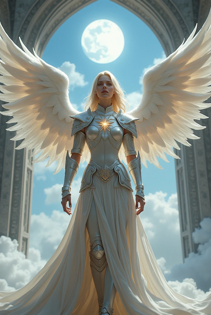 In this masterpiece, a stunning (sexy angelic warrior) stands in the center of the frame, radiating an aura of mystique and beauty. The ultra-detailed 4K image presents her in front of the great (gates of heaven) amidst (pearlescent white clouds), surrounded by a magnificent starry sky. Volumetric lighting casts a warm glow on her porcelain skin, accentuating the intricate details of her (sexy celestial armor). Her straight blonde hair is gorgeous, framing her charming smile and captivating cleavage. The mesmerizing atmosphere is punctuated by (red thunderstorms and lightning) in the surreal sky, as if the heavens themselves are summoning her presence. The composition masterfully balances depth and complexity, drawing the viewer's eye to the perfect body, with its impeccable ??????? and tantalizing pose. (Charming smile), (Beautiful big breasts), (Blue halo above the head), (Sexy silver armor), She has (2 big wings:1.5) on her upper back. (2 big white wings:1.3). (2 big symmetrical wings:1.3). (Photorealistic), (Light theme). (Russian girl). (Beautiful navel). (Big sword of light)