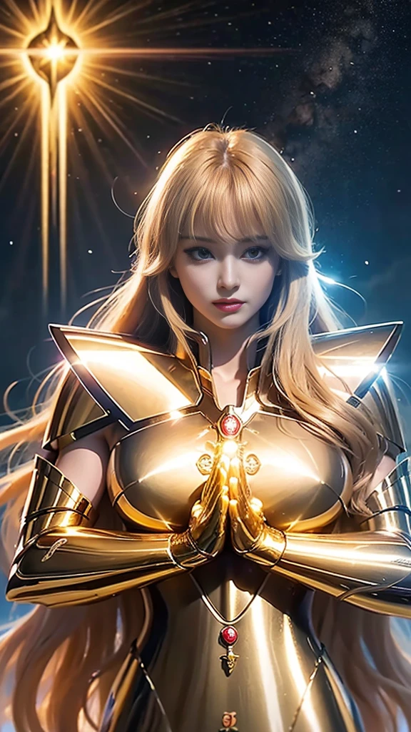 A woman with the armor of the virgin knight Shaka, mixture4, (8k, Foto RAW, best quality, masterpiece: 1.2), (realistic, realistic: 1.37), 1girl, majo, cityscape, night, rain, wet, profesional lighting, photon maping, radio sided, physics based rendering, Gradient Blonde Hair, majo, feminine, white ball set, excellent image quality, alta resolución, 1080P, (light face), (face detailed description), (detailed hand description), (masterpiece), (Exquisite CG),  extreme light and shadow, hair messy, masterpiece, rich details, (exquisite facial features), (high image quality), (masterpiece), (detailed eyes), look forward to your eyes, Delicate Collarbone, (big breasts:1.2), (((woman with huge breasts in golden armor of Shaka of virgin, Knights of the Zodiac)))