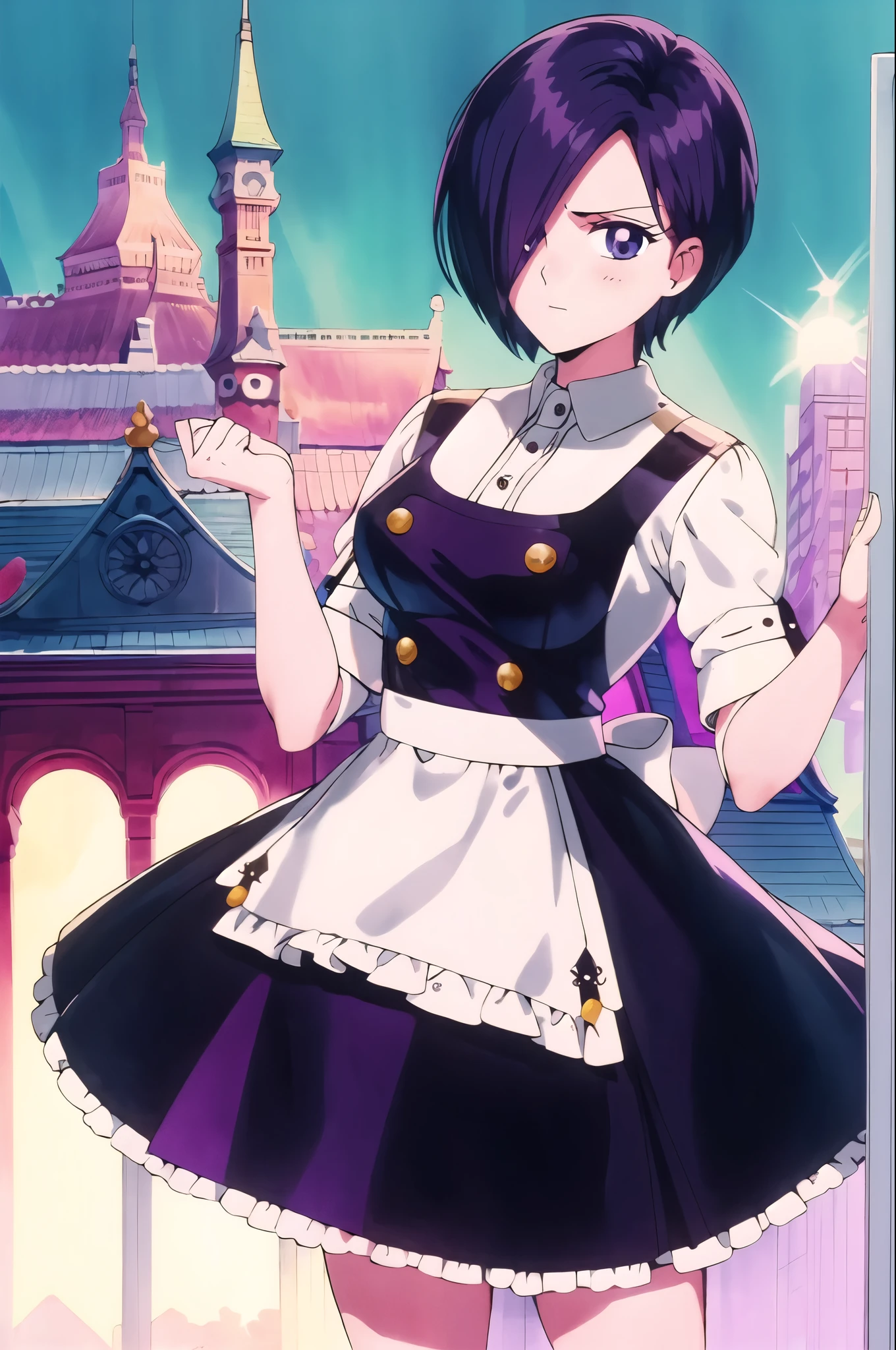 Beautiful face, beauty, white skin, purple-blue eyes, short purple-blue hair, hair covering her left eye, cute body, Cute waitress outfit, detailed black dress, white embellished apron, An ornate dress containing embellishments and bows, a castle maid's dress, castle background, Touka Kirishima, Tokyo Ghoul