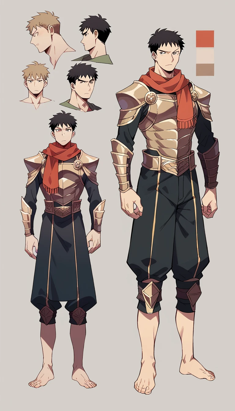 1male , Human Male , Black Spy armor , short haircut, Simple background,character sheet , concept art  ,Barefoot , ((manga Style ))  , wearing Scarf 