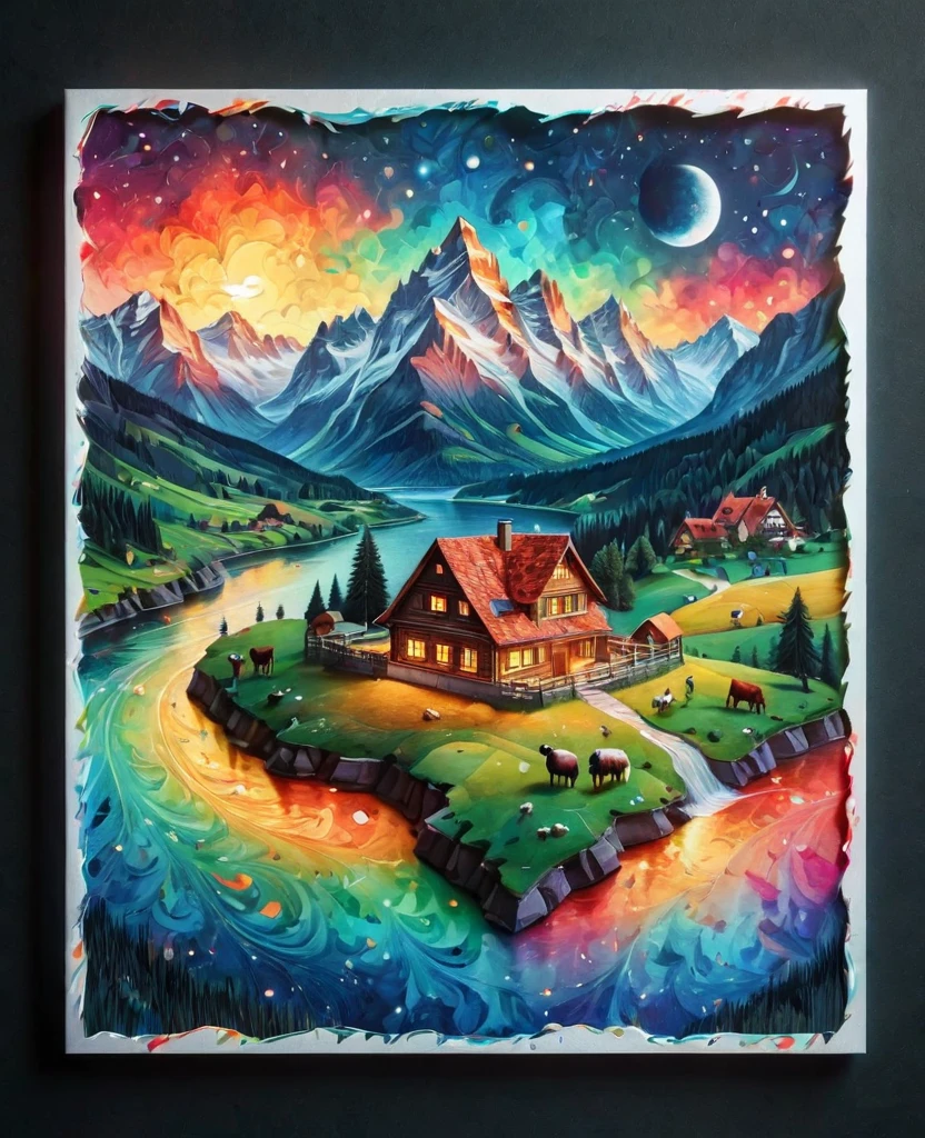 Paperschnittkunst (((masterpiece))),best quality, Illustration, German map, within German map we see a Night sky, Cloud, rivers, Mountains, goats, cows, no people, Night, birds, Mond, Building, Night sky, Landscape, starry sky, Grass, House, trees, birds in the sky, German map, Vibrant color scheme, Soft light,(warm color:1.2),aquarellmalerei, light background, best quality exquisite details,3D representation,octane render, pastel, Paper_cut of German map.