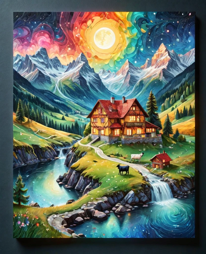 Paperschnittkunst (((masterpiece))),best quality, Illustration, German map, within German map we see a Night sky, Cloud, rivers, Mountains, goats, cows, no people, Night, birds, Mond, Building, Night sky, Landscape, starry sky, Grass, House, trees, birds in the sky, German map, Vibrant color scheme, Soft light,(warm color:1.2),aquarellmalerei, light background, best quality exquisite details,3D representation,octane render, pastel, Paper_cut of German map.