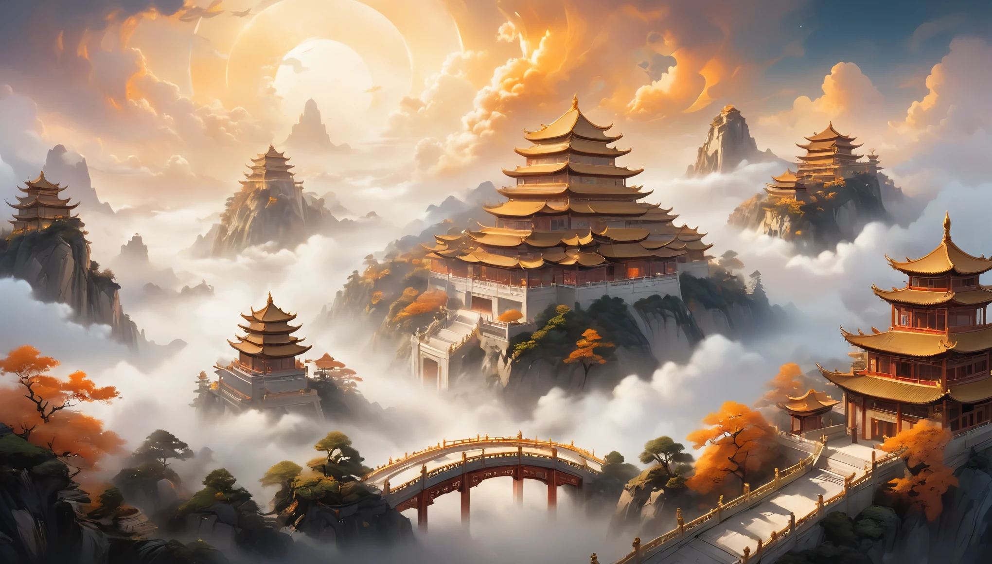 Color Palette: Gradient from orange to yellow, warm and ethereal tones, with golden highlights reminiscent of auspicious clouds Atmosphere: Shrouded in dense mist, mystical and celestial palace vibes, as if the entire setting is suspended in a heavenly realm above an expansive sea of clouds Architecture: Majestic palace structures positioned in the distant background, glowing softly with a golden hue, partially visible through thick clouds, adding a sense of grandeur and remoteness Environment: Extensive floating pathways above dense clouds, with streets and pathways appearing and disappearing into the fog, creating a dreamlike ambiance of endless space and elevation Details: Traditional Chinese palace motifs, golden accents, phoenix engravings, and decorative lanterns, with thick clouds interwoven among pathways and distant buildings, further enhancing the surreal, otherworldly atmosphere