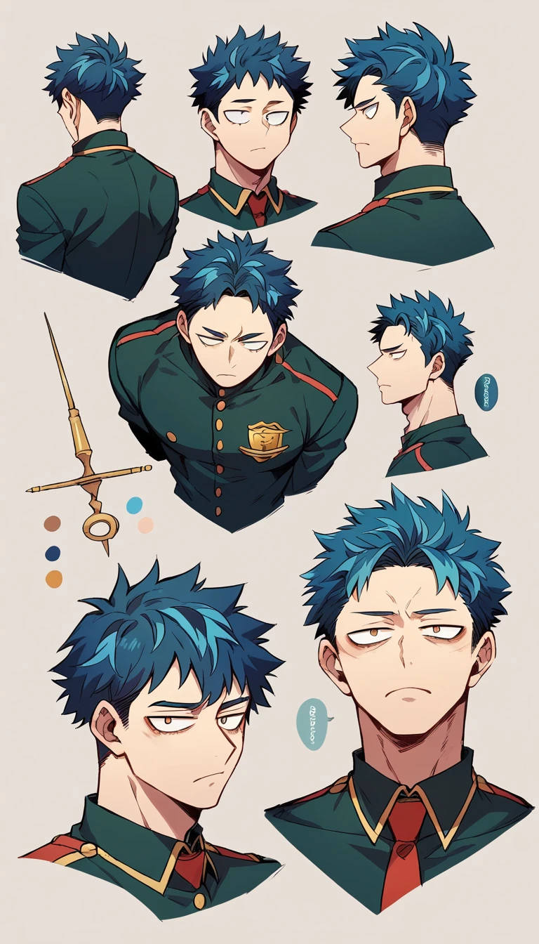 1male , Human Male , Black Spy Uniform   ,blue highlights, short haircut, Simple background,character sheet , concept art   , ((manga Style ))  my hero academia ,tired eyes , Brown pupils