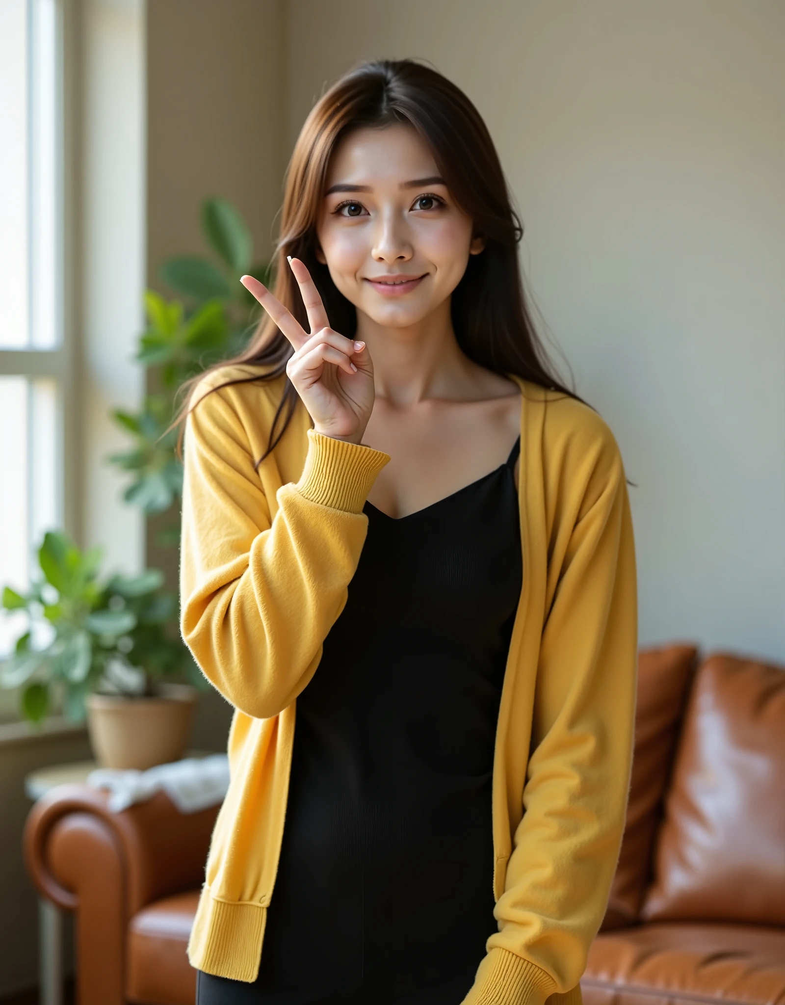 A realistic and vibrant photo of a young East Asian woman in a modern living room. She is smiling warmly, dressed in a casual yet stylish black dress paired with a light yellow jacket draped over her shoulders. She strikes a playful pose with her hand near her face, fingers forming a peace sign. The light from the window casts a soft glow on her, illuminating the cozy space with a comfortable leather couch and a potted plant in the background. The atmosphere is relaxed and welcoming, capturing the natural warmth of the scene.