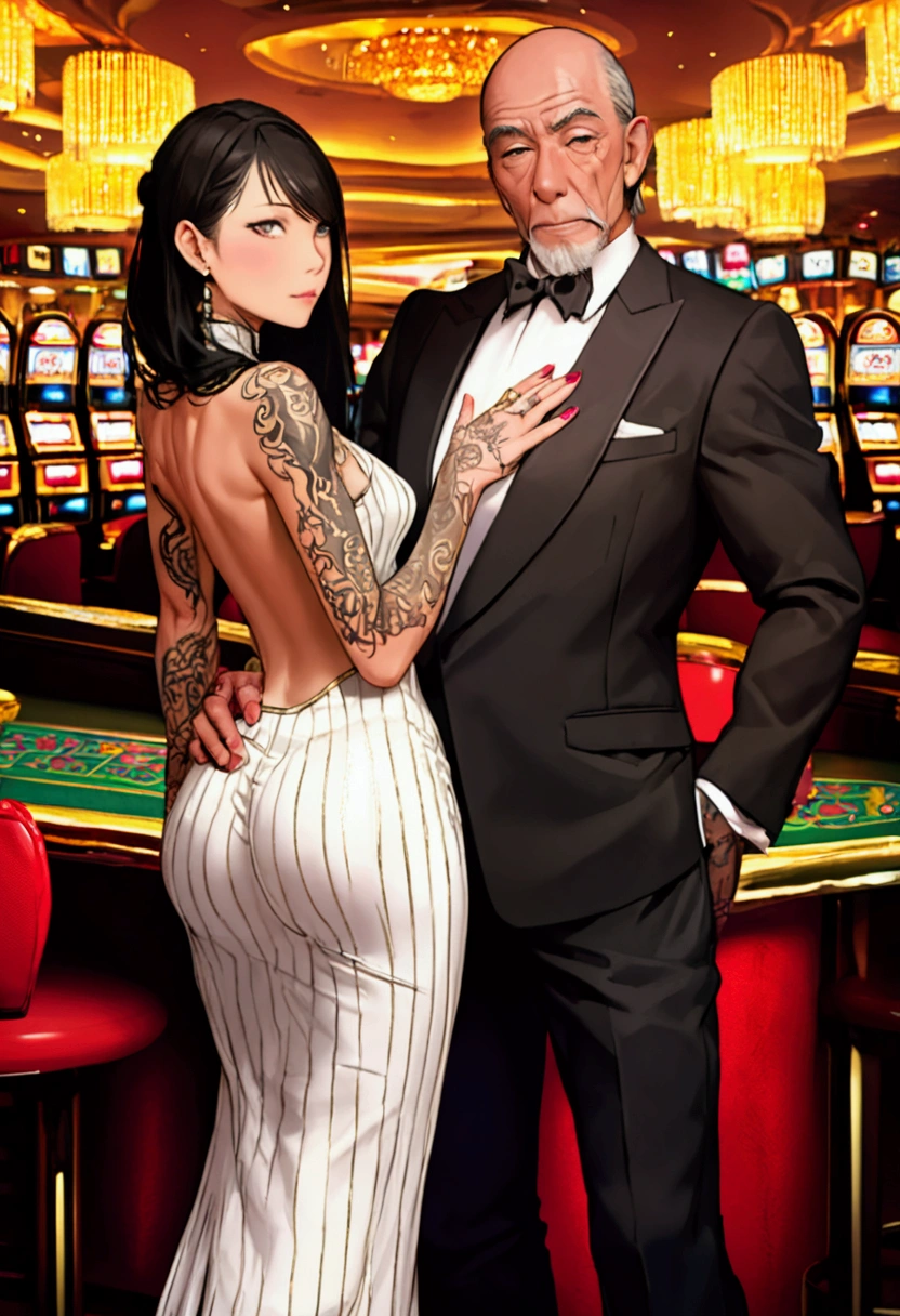 a grizzled old man, muscular, age 50, gray roots, oily black hair dye, many small scars, heavily tattooed below the neck (dragons), in an pin striped tuxedo with a cute woman on his arm (amazing butt,she is dressed sexy and sparkly, long flowing dress showcasing luxury, excess, and wealth), show him head to toe, crowded illegal casino
