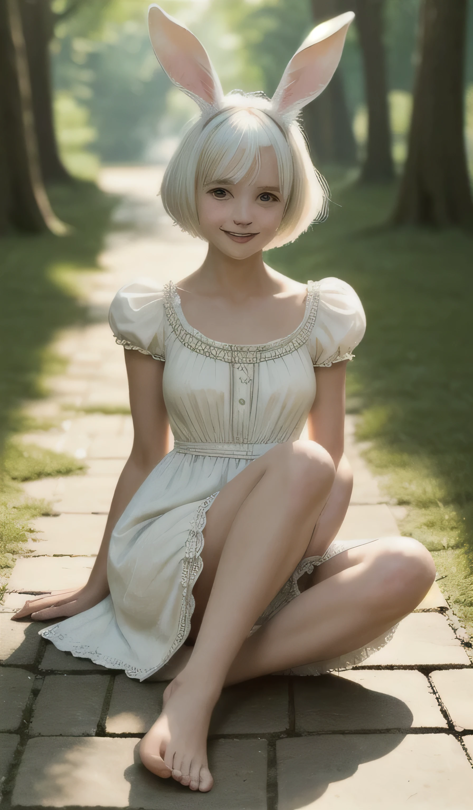 ((Masterpiece,Best quality)),1girll, Solo, Animal ears, Rabbit, Barefoot, Knees up, dress, Sitting, Rabbit ears, Short sleeves, view the viewer, Grass, Short hair, Smile, White hair, Puffy sleeves, Outdoors, puffy short sleeves, bangs, on ground, full bodyesbian, Animal, White dress, Sunlight, Brown eyes, Dappled sunlight, day, Depth of field ,Wet gorund,