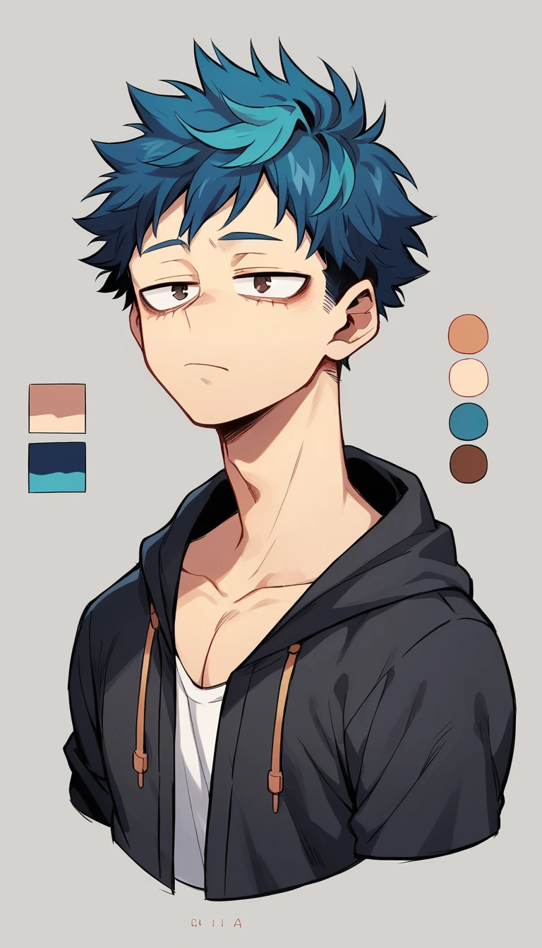 1male , Human Male , Black Vest hoodie  ,blue highlights, short haircut, Simple background,character sheet , concept art   , ((manga Style ))  my hero academia ,tired eyes , Brown pupils