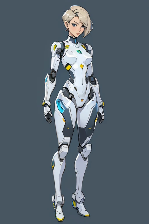 (((masterpiece:1.5))), full body image, anime android robot boy, 1boy, ((shota)), shiny, ((white)) sleek robot body with accents, silver hair, blue eyes, neutral expression, plain white background