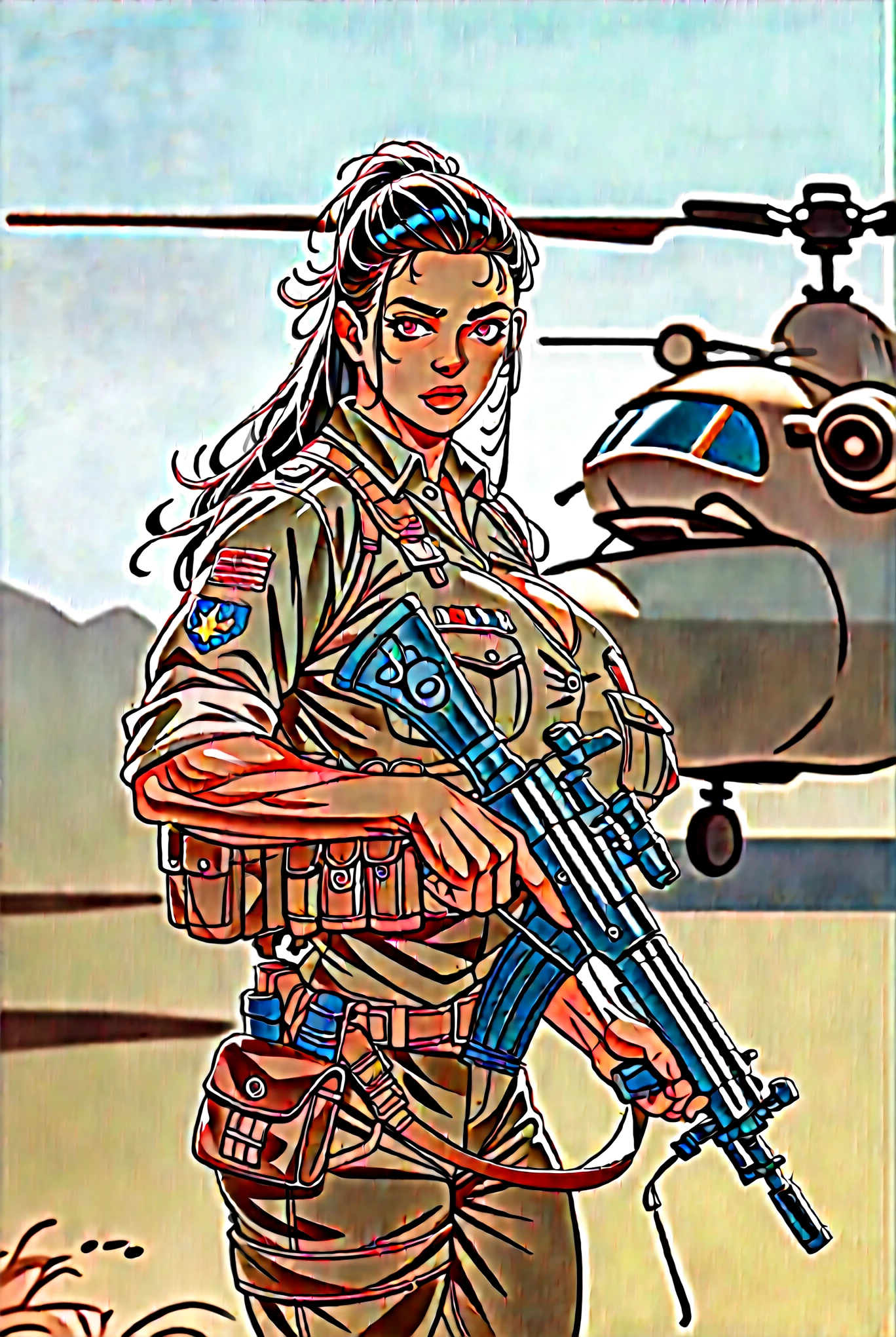 (Body Builder:1.2)),Breasts are about to explode out of her clothes....(Big breasts:1.2), (big ass:1.2),Verybigmuscle, military woman in a military base in the desserts who carries a military weapon there is a tank behind her and a helicopter in the sky combat scene seen from the full body ultra realistic photo 8K