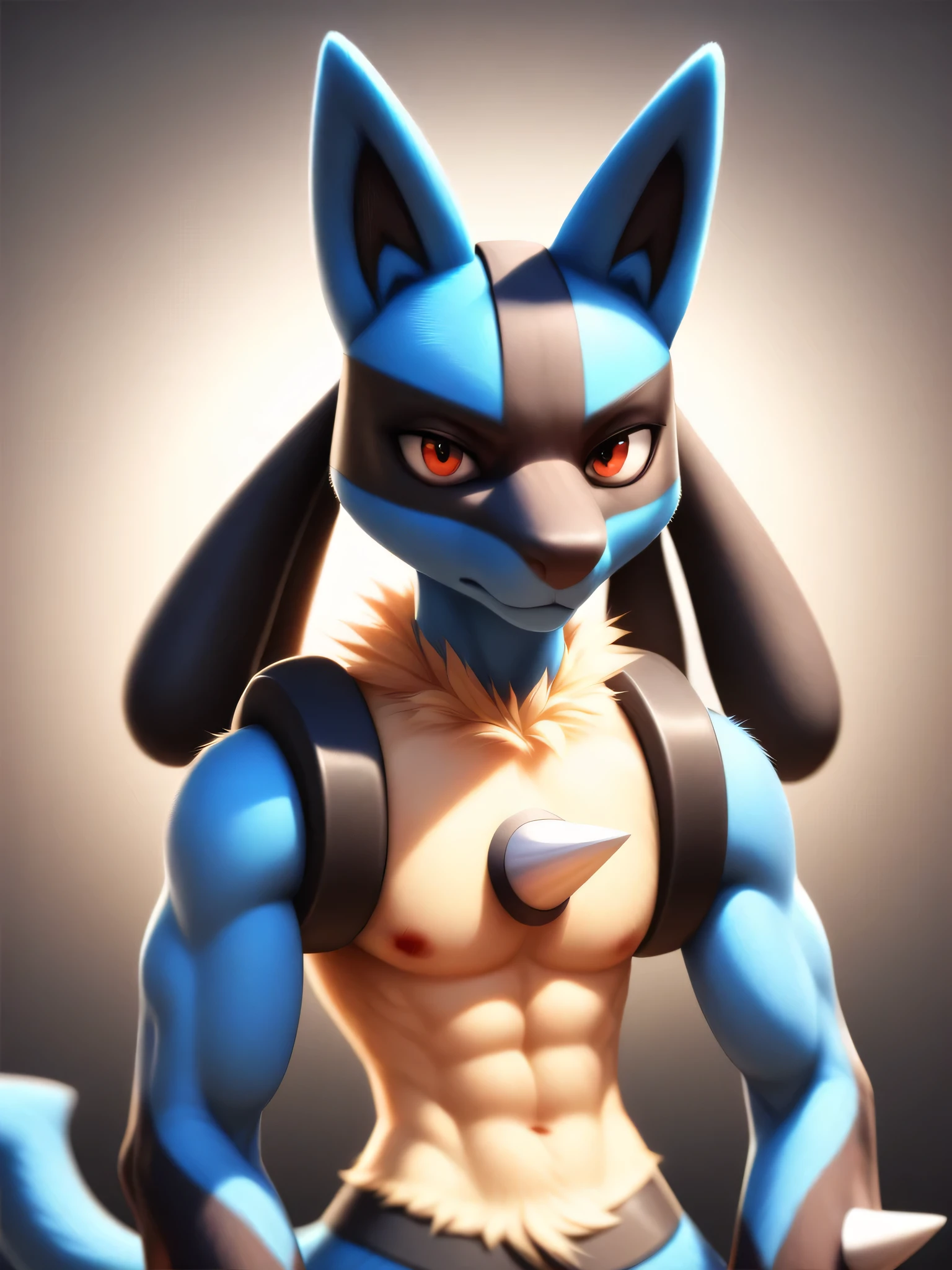 Detailed and realistic HD photography of (lucario) Vistiendo una (Tanga Blanca) en la playa, de pie, mirando al Horizonte, solo, retrato de cuerpo entero, antecedentes detallados, gran trasero, por mancha