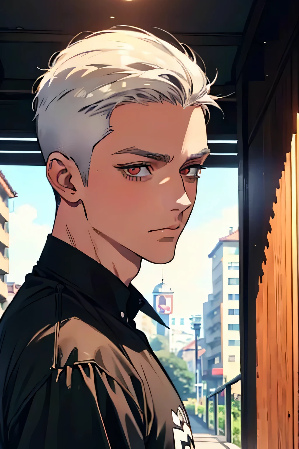 (obra-prima, melhor qualidade), detalhes intrincados, 8k, art-station, papel de parede, Arte Oficial, Arte Splash, foco nítido,
1 Male, short hair above the ear shaved on the sides, yellow eyes, White platinum hair:, piercing in the eyebrow and mouth, looking back, a black leather jacket, short hair cut upwards on the side, Subway station in the background, Subway station print in the background, short hair above the ear without bangs, short hair print, a boy, subway in the background