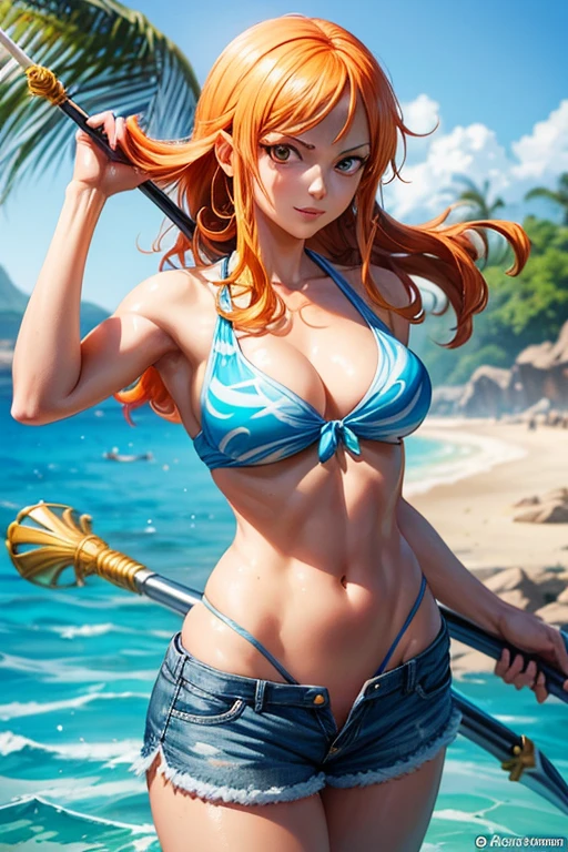 there is a woman in a bikini holding a baseball bat, nami from one piece, nami one piece, deviantart artstation cgscosiety, splashes of lightning behind her, epic digital art illustration, goddess of lightning, epic fantasy digital art style, epic fantasy digital art, 2. 5 d cgi anime fantasy artwork, mermaid cyborg with a laser whip