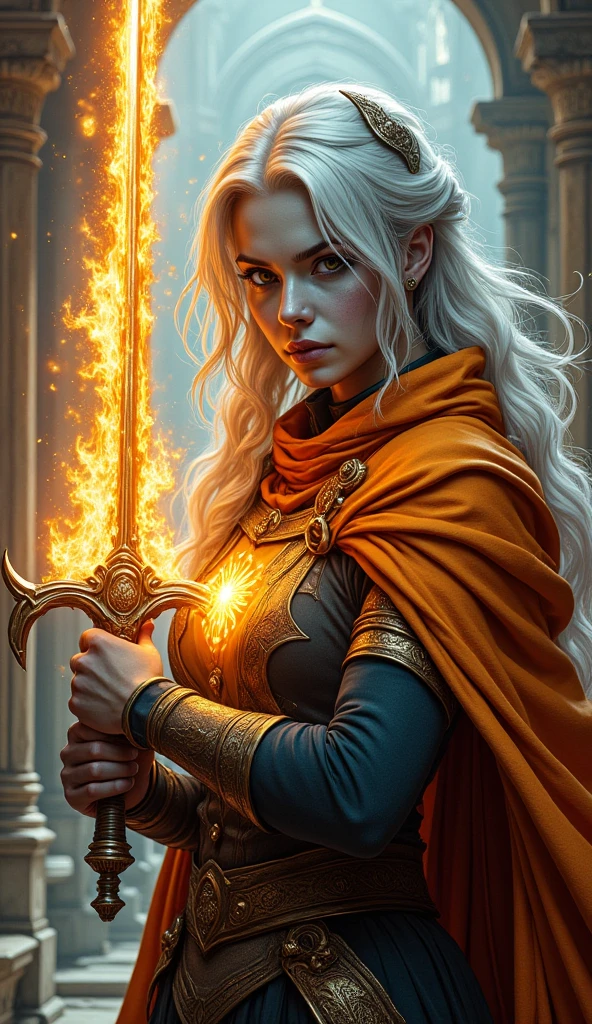 fantasy art, dnd art, RPG art, wide shot, (masterpiece: 1.4) a (portrait: 1.3) intense details, highly detailed, photorealistic, best quality, highres, portrait a female (fantasy art, Masterpiece, best quality: 1.3) ((blue skin: 1.5)), intense details facial details, exquisite beauty, (fantasy art, Masterpiece, best quality) cleric, ((cobalt blue skin: 1.5)) female, ((white hair: 1.5)), long hair, (((no ears: 1.5))), (green eyes: 1.3), armed with a fiery sword red fire, wearing (twilight priestly combat vestments: 1.5), wearing high heeled laced boots, wearing an (orange cloak:1.3), wearing glowing sun holy symbol  fantasy temple background, reflection light, high details, best quality, 16k, [ultra detailed], masterpiece, best quality, (extremely detailed), close up, ultra wide shot, photorealistic, RAW, fantasy art, dnd art, fantasy art, realistic art,((best quality)), ((masterpiece)), (detailed), perfect face, Cinematic Hollywood Film style, hyp3rd3tail style